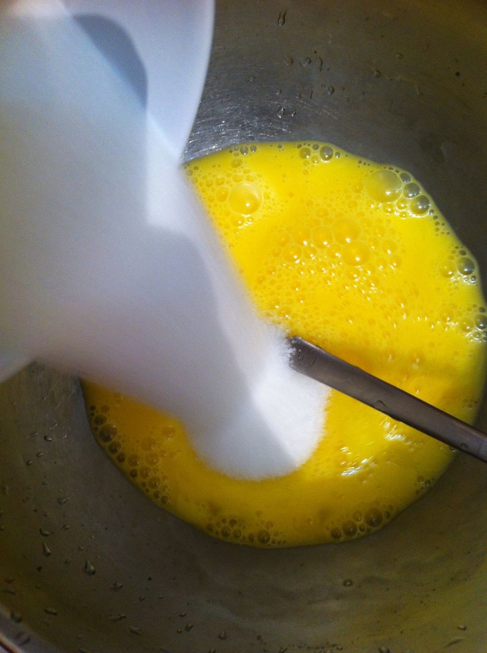 Add sugar to the eggs. Brown sugar is preferable but I ran out of it so had to use white
