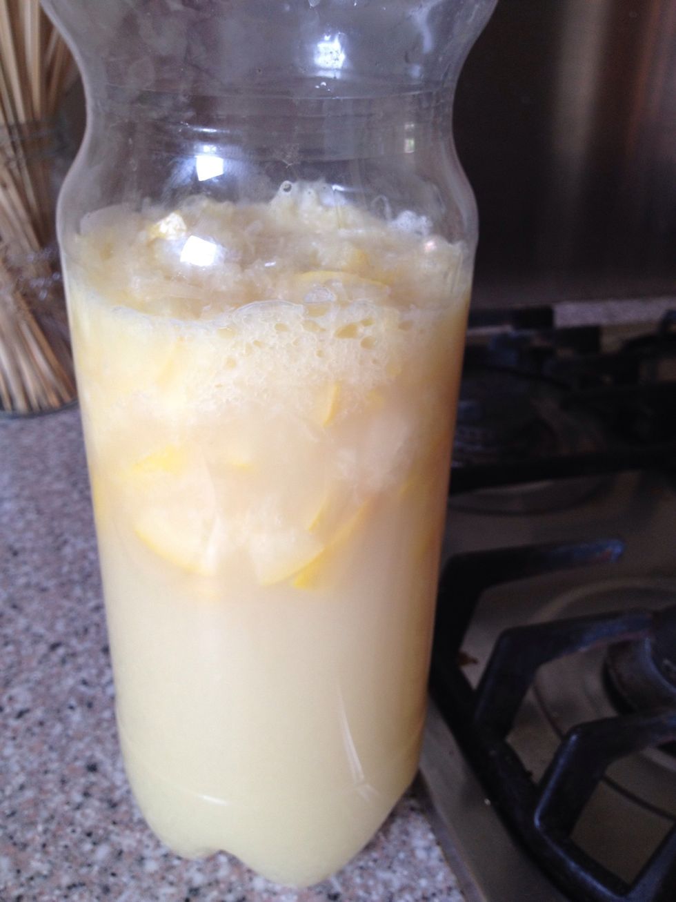 Add sugar, yeast,water and lemon into the bottle. Let it sit at room temp  Don't screw the cap on to tight, the fermentation will create air that needs to get out.  Shake daily and wait 14 days.
