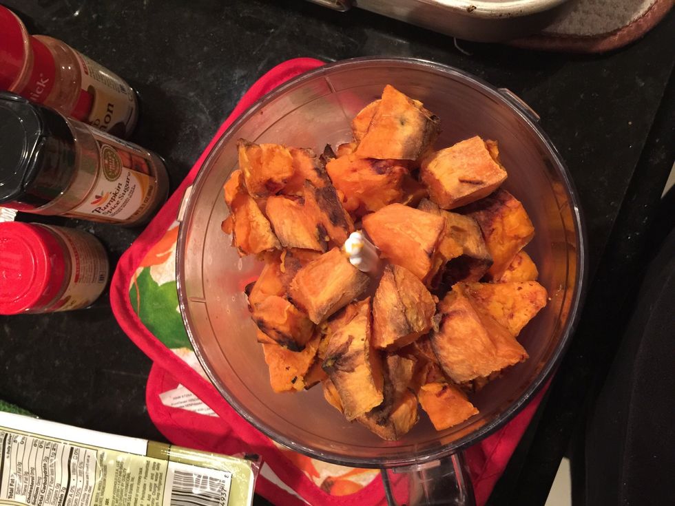 Add sweet potato pieces to food processor. Blend till smooth.