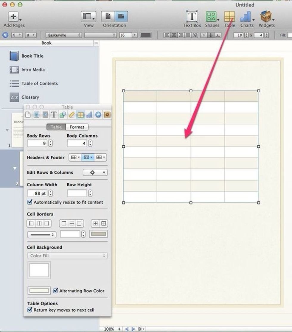 Add tables to your pages by dragging and dropping in place. Use the inspector to make adjustments.