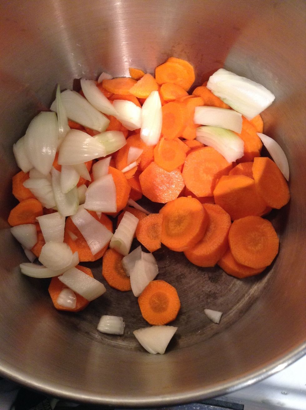 Add that to the pot. Remember, in the end the soup will be pureed so the shape of your veggies doesn't matter.