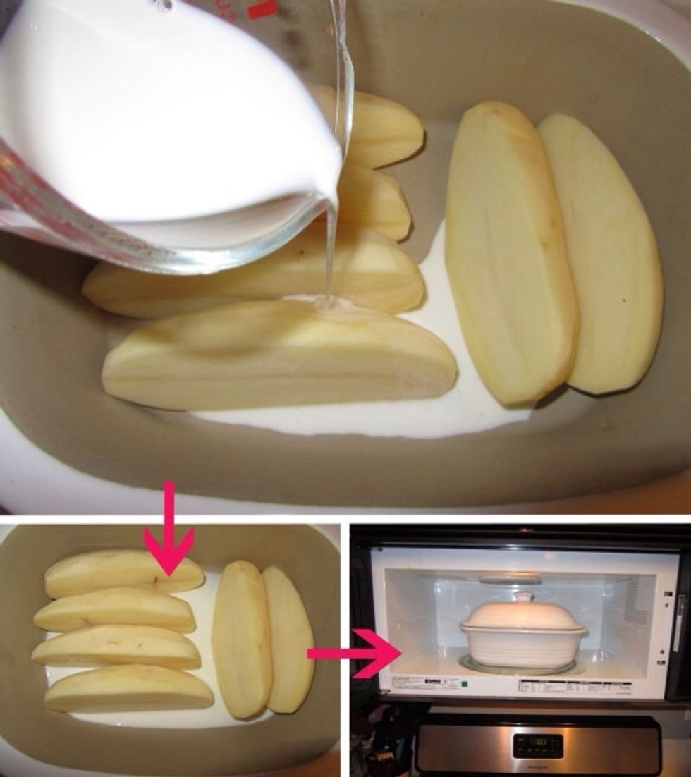 Add the 1/2 cup of milk to the baker, and put in the microwave. Microwave, covered, on HIGH for 11 minutes.