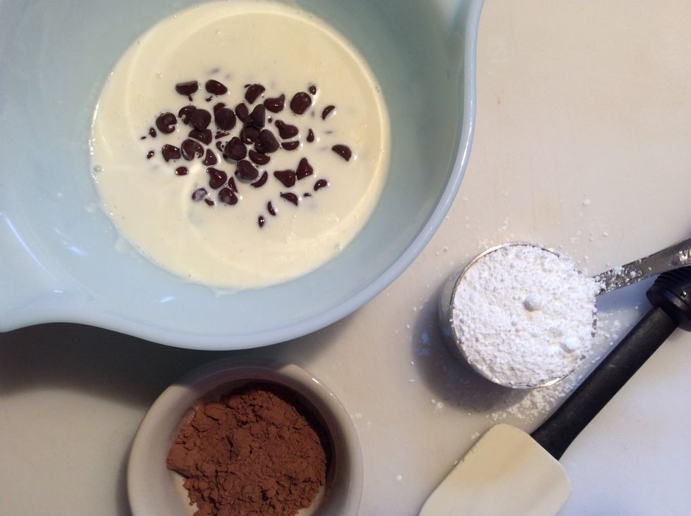 Add the 1/3 cup chocolate chips to the hot cream, let sit a minute and then whisk smooth, set aside to cool slightly.