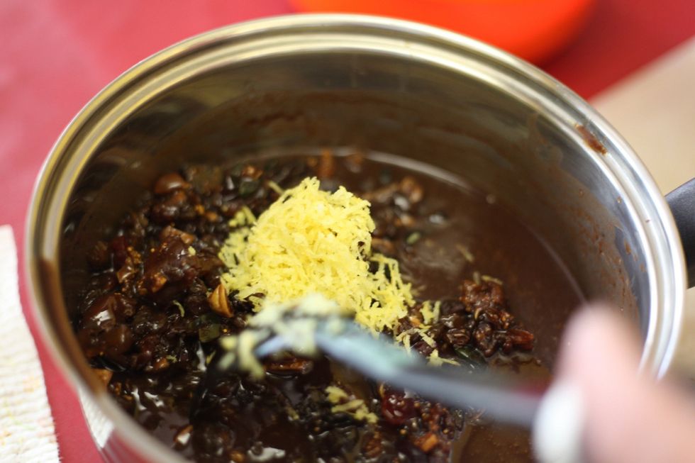 Add the 1 lemon rind. Note to self: plastic spoon, hot choc and ingredients that now weigh more than 1 kg aren't a good combination.