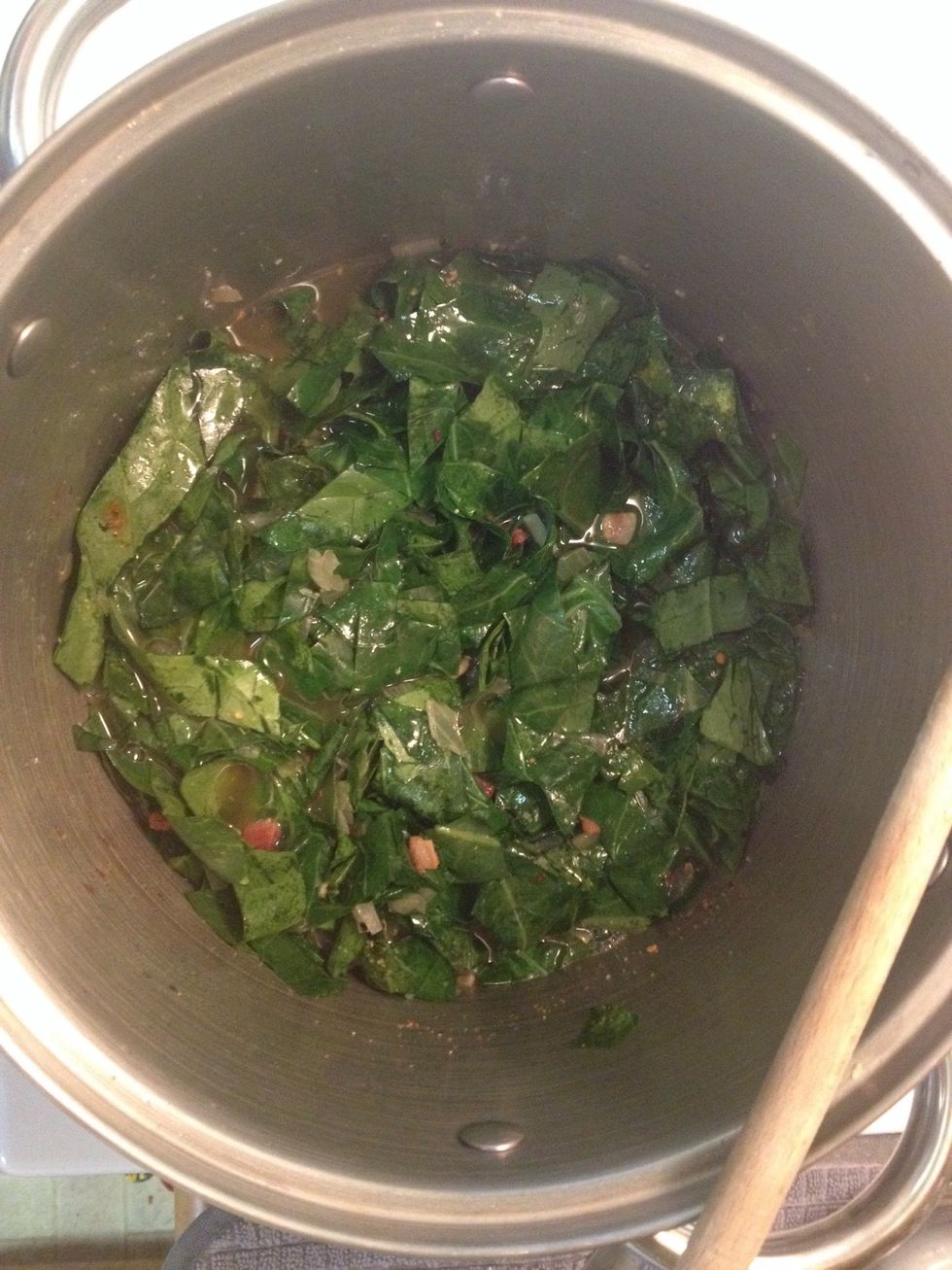 Add the 2 cups of chicken stock, stir and cook for one and a half to two hours. Right before serving add about 1-2 teaspoons of red wine vinegar, 1/4 cup of white vinegar & salt & pepper to taste