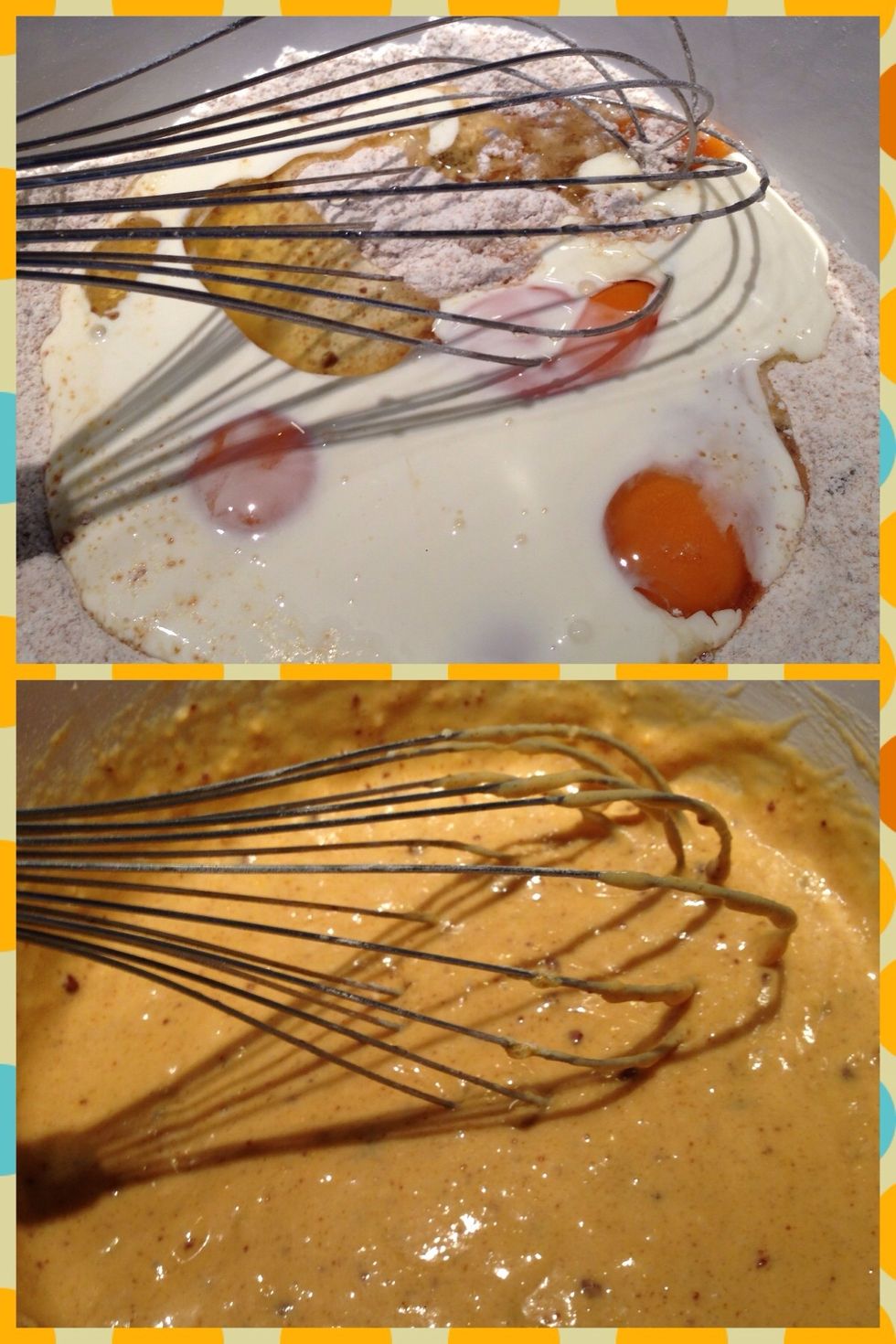 Add the 4 eggs, 100ml of the whipping cream and 50ml milk into the dry ingredients. Mix just combined. Do not over mix.