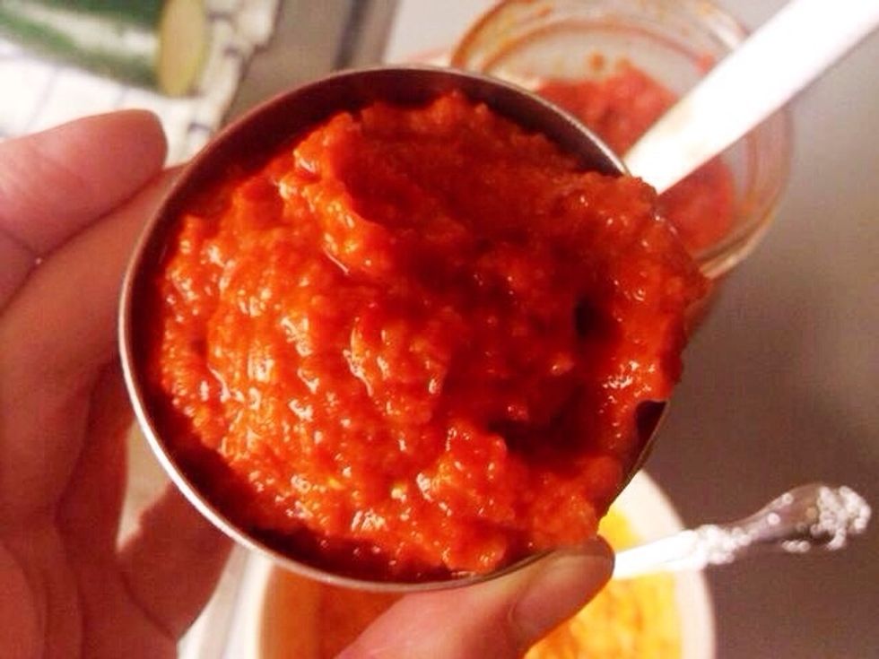 ..add the ajvar relish. We used a hot version but the mild is also good.