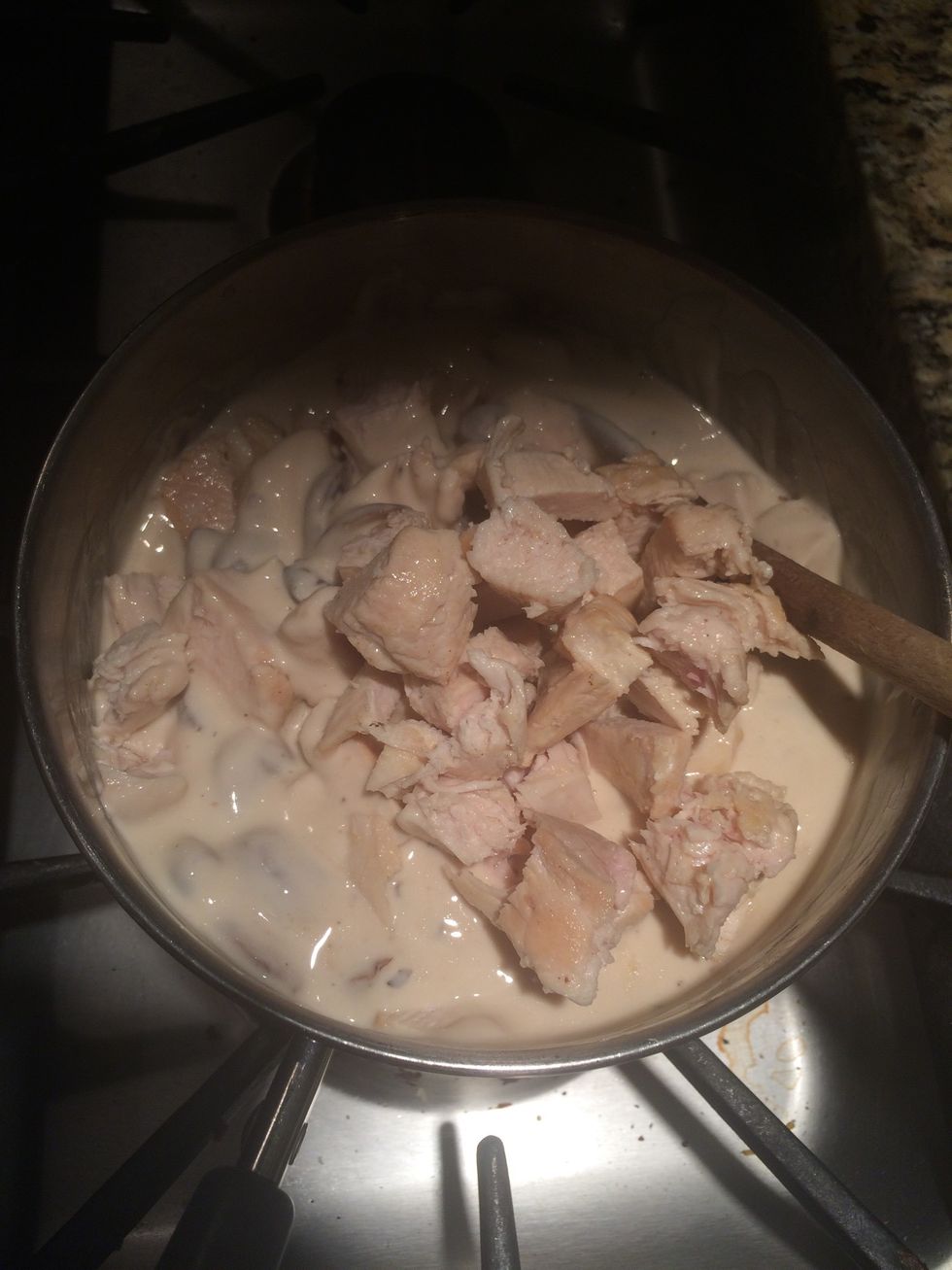 Add the Alfredo sauce, and chopped chicken to the saut\u00e9ed mushrooms