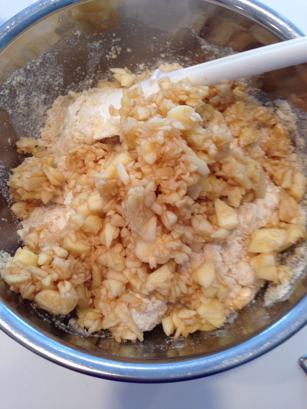 Add the apples, using the same restraint. No stirring/ beating/ smashing. Muffins/pretend doughnut- muffins get tough with too much handling. If you still have a few dry bits in the mix, don't worry.