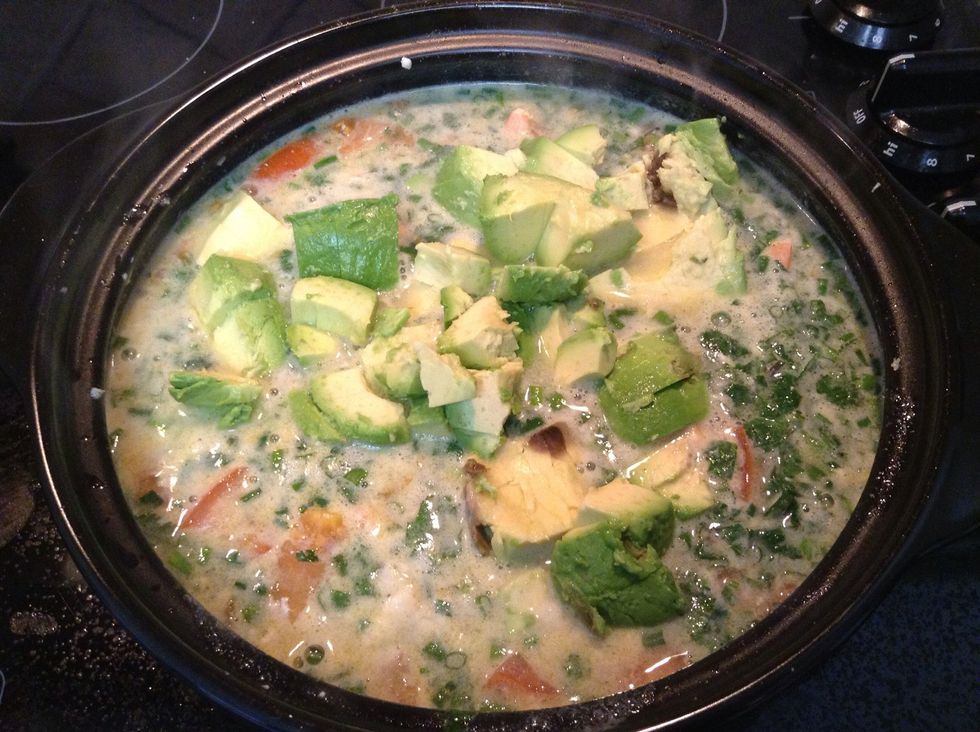 Add the avocado to the soup last. Soup should be at a simmer, med-low heat.
