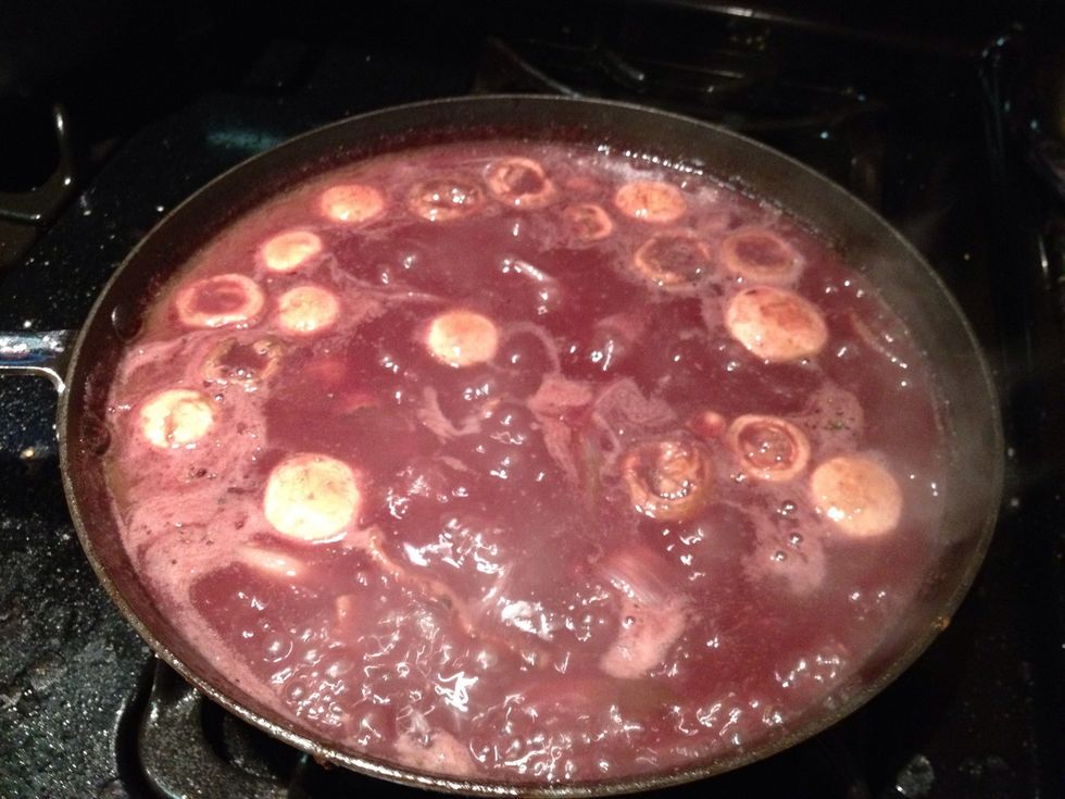 Add the bacon, mushrooms and shallots to the sauce and simmer for a few minutes.