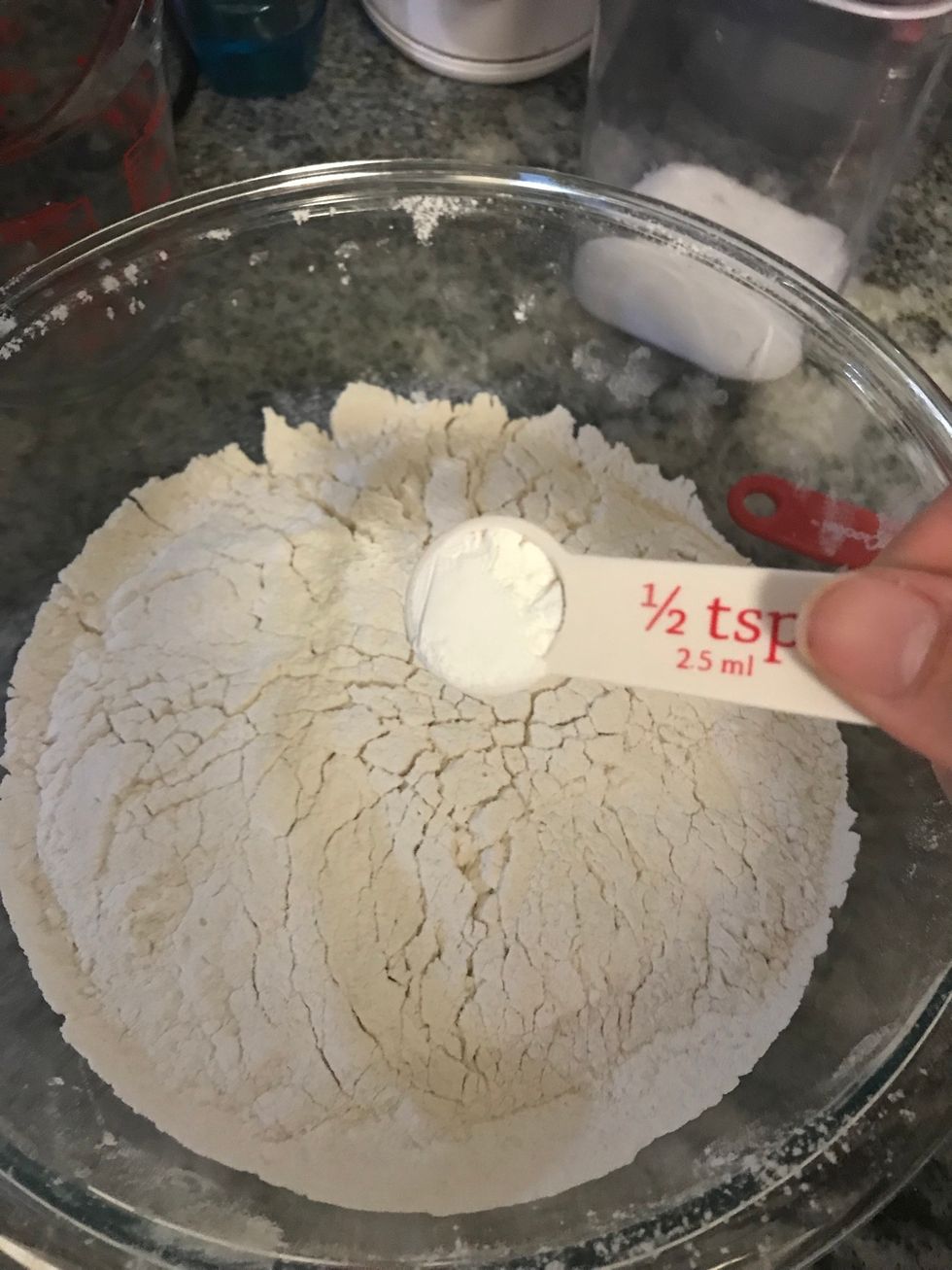 Add the baking powder to the flour as well