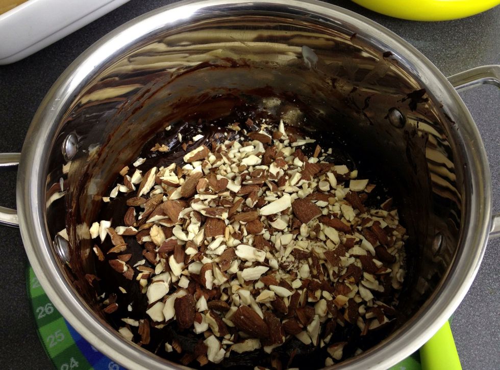Add the bashed toasted almonds and the crushed salt to the pan.