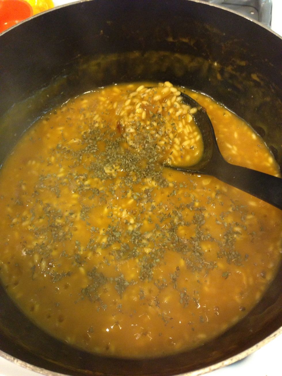 Add the basil/oregano whenever you want. This seemed like a good time to me.