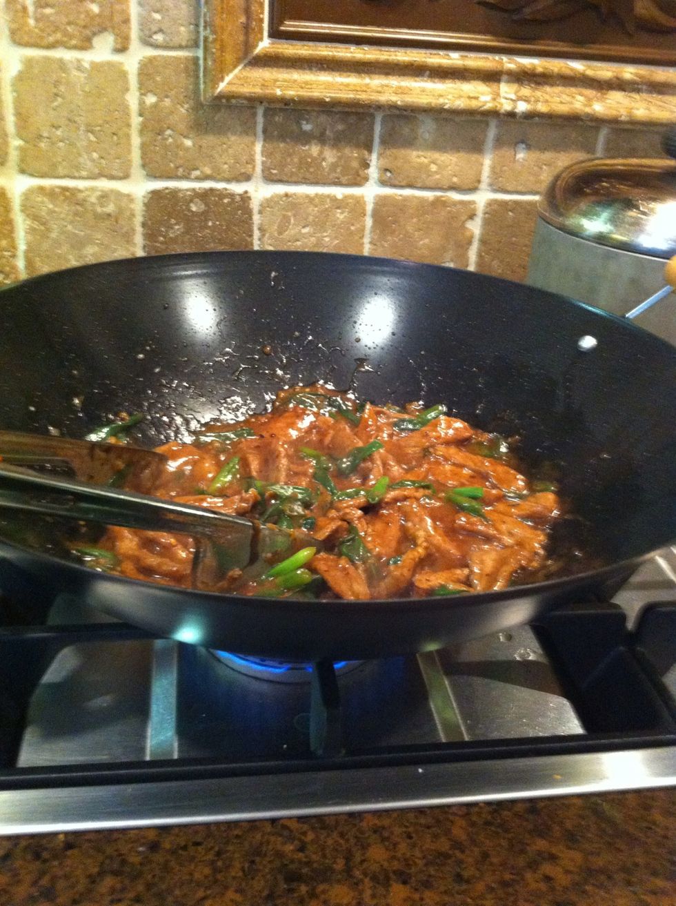 Add the beef back in; add in a tablespoon of soy sauce and a tablespoon of hoisin sauce