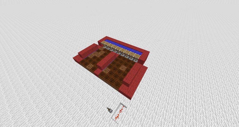 Add the blocks above the water pockets, turn the lever on, and then add another water pocket behind the pistons.