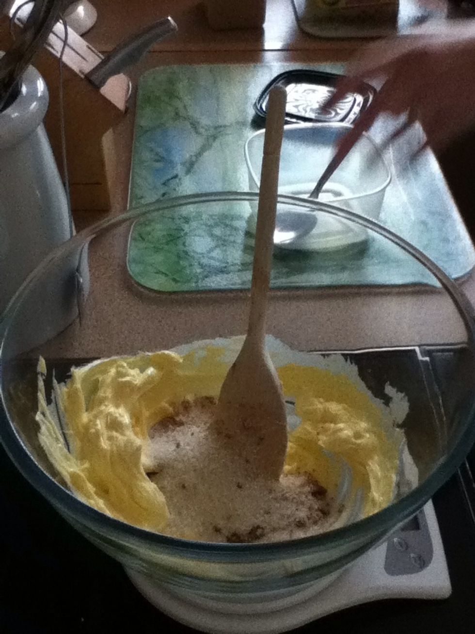Add the brown sugar and mix together with the margarine till light and fluffy