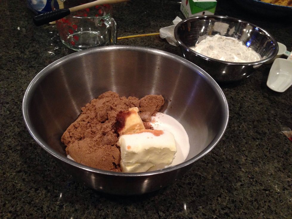 Add the brown sugar, soft butter, white sugar and vanilla together in a large bowl.