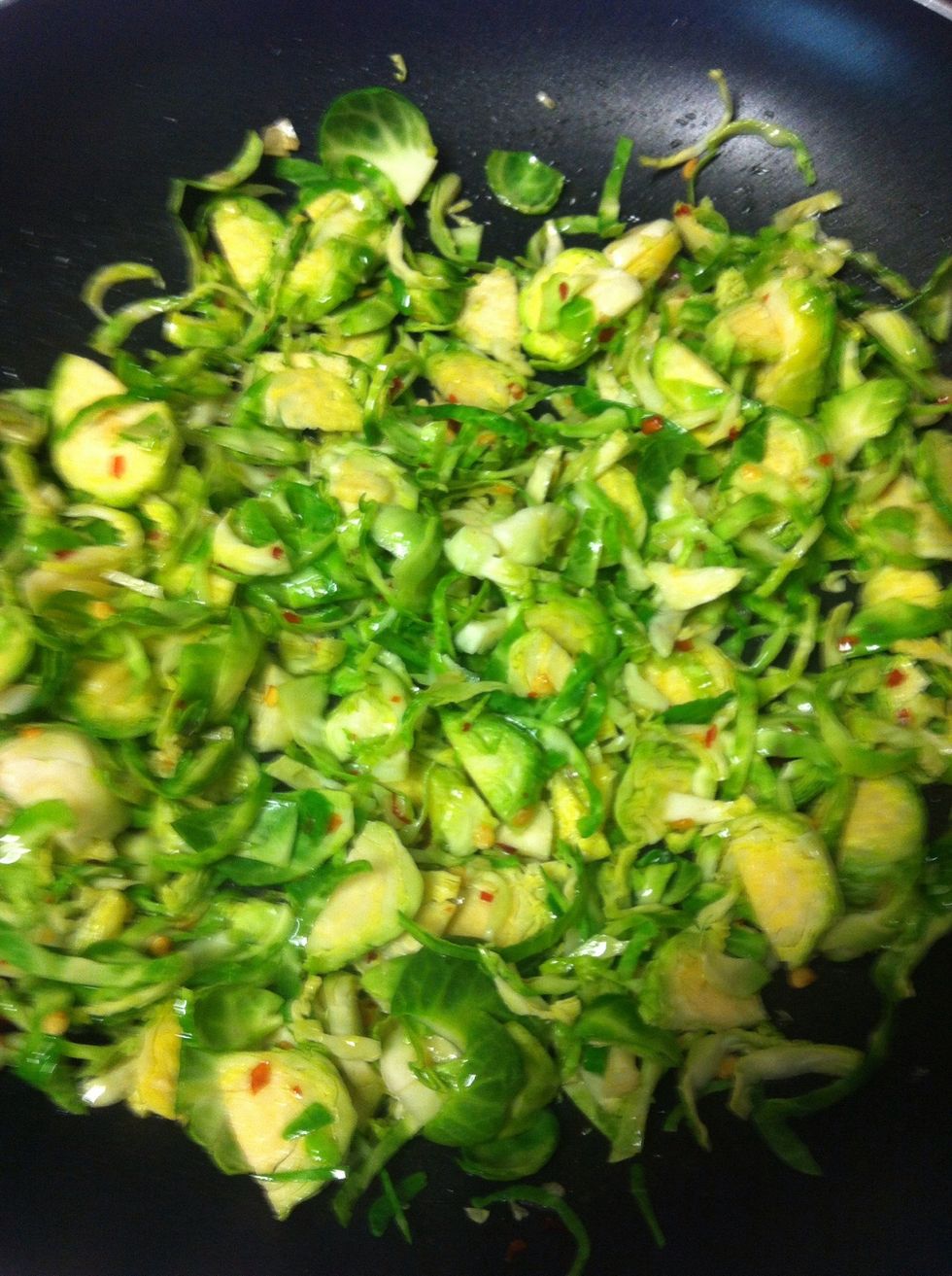 Add the Brussels sprouts, salt and pepper. Saut\u00e9 for 3 mins until soft.