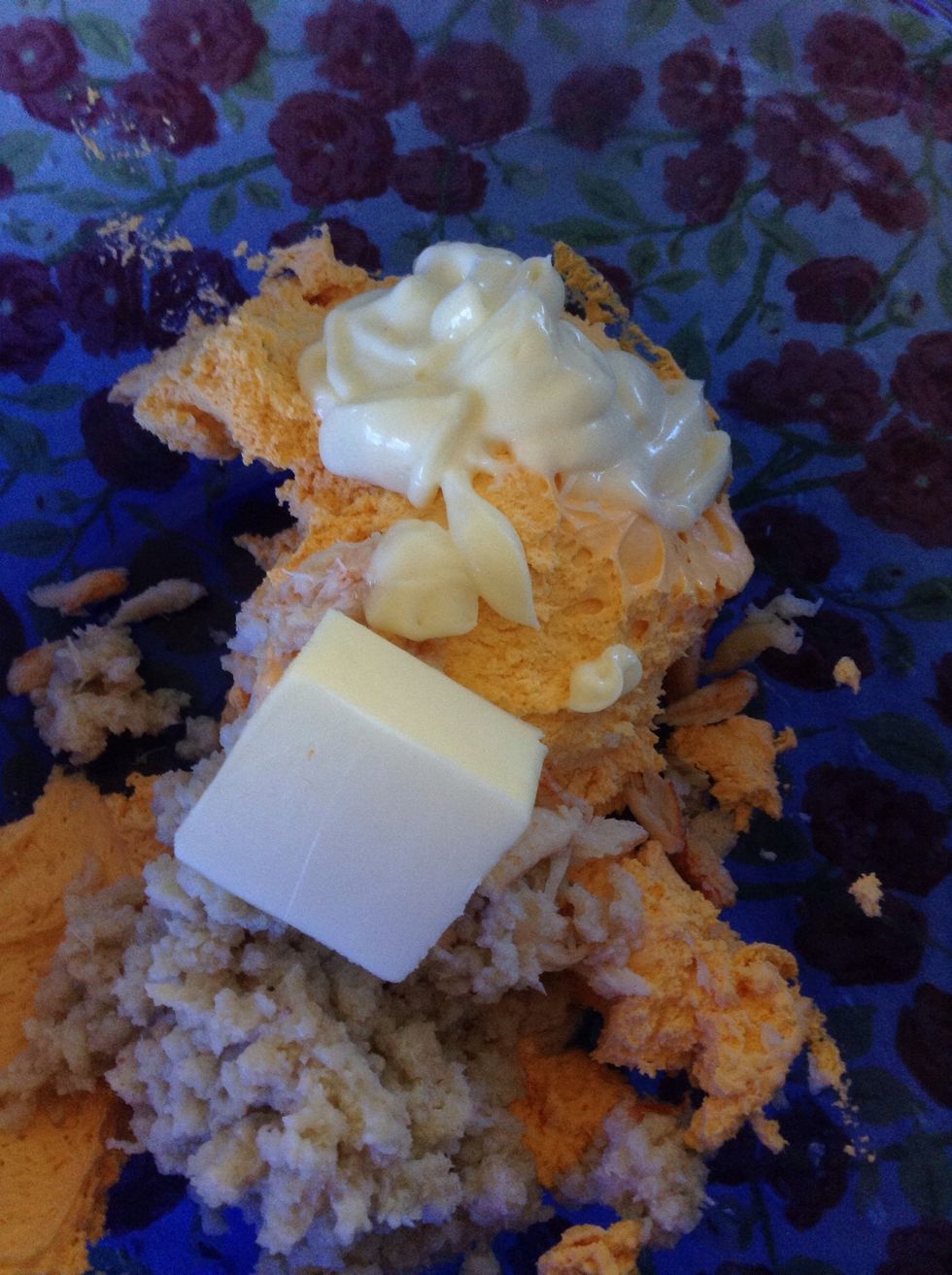 Add the butter and mayonnaise. I know, it's getting weird but it does make a yummy appetizer and everyone at the Oscar party enjoyed them! So let's just keep going!