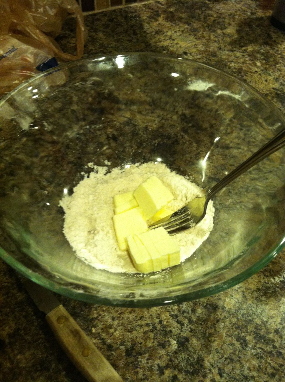 Add the butter and work into the dry ingredients using a fork to combine.