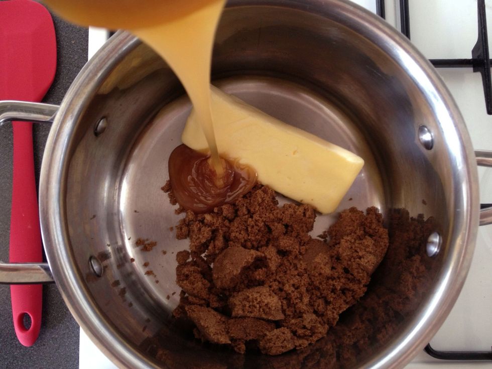 Add the butter, honey and sugar to a heavy based pan and turn the heat to medium. Work quickly on the next few steps.