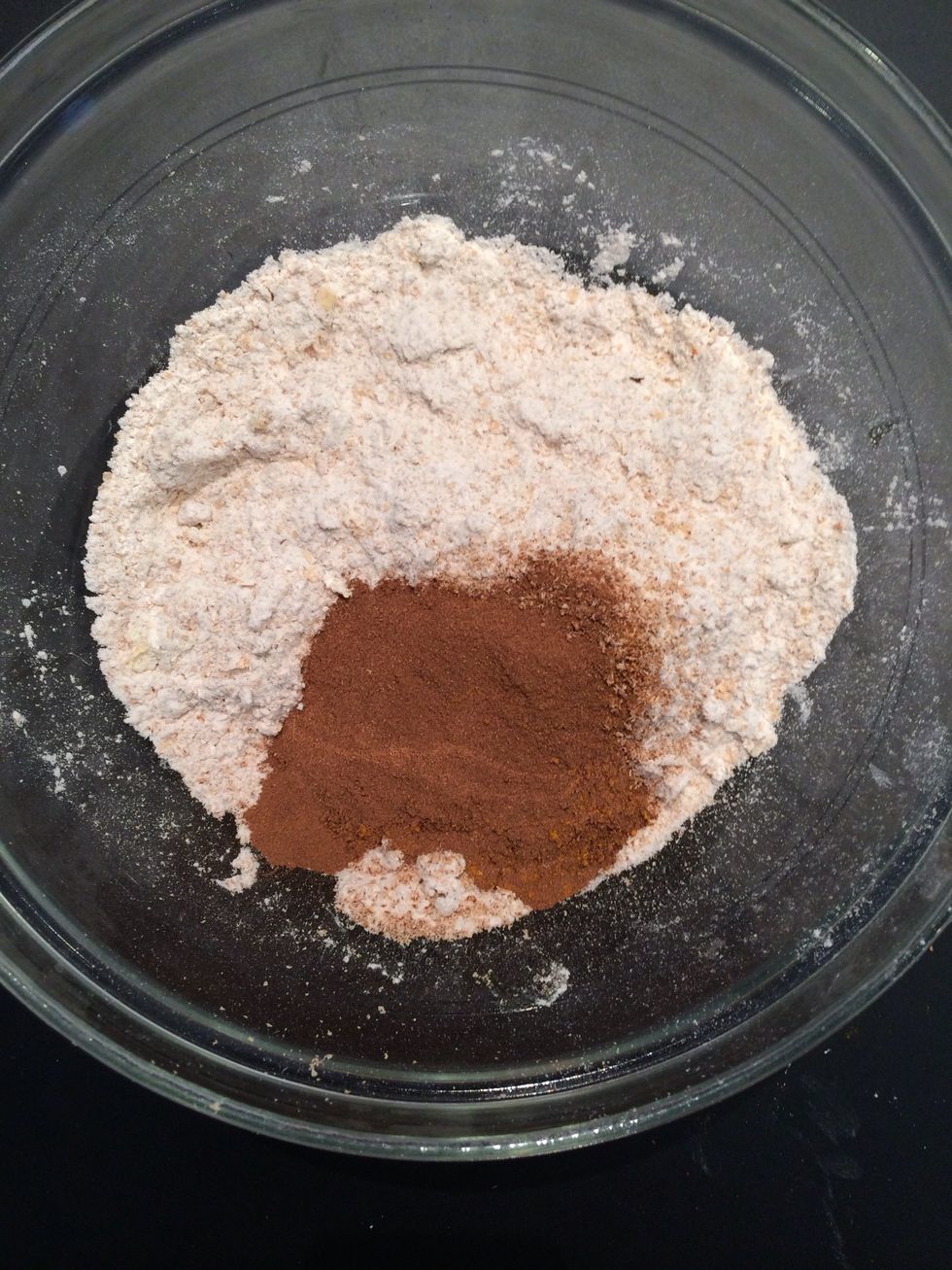 Add the butter mixture to the dry ingredients: (flour, salt and baking powder and the spices)