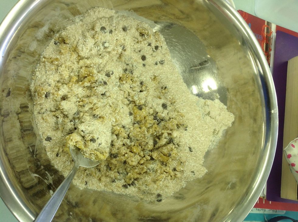 Add the butter to the bowl and stir a little bit until mostly combined. It should look at bit like this.