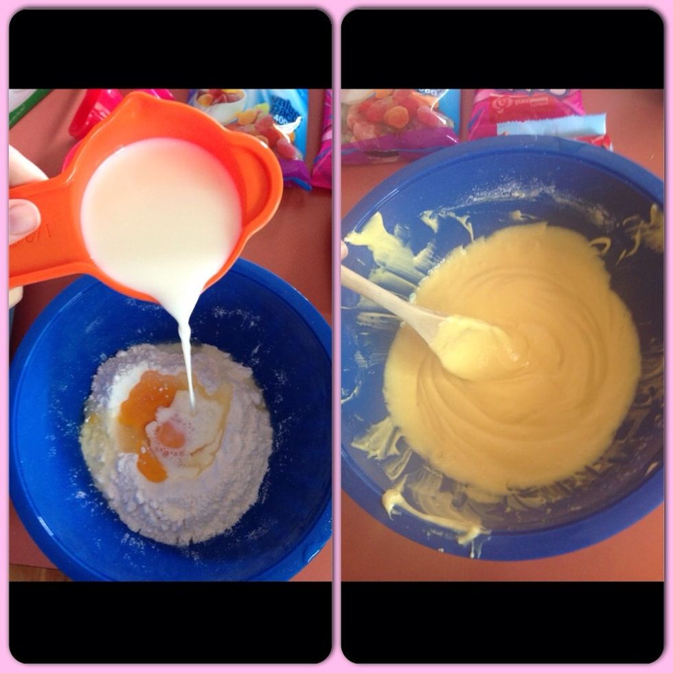 Add the cake mix in a large bowl, add eggs milk and butter. Mix until smooth!