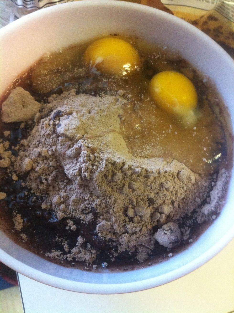 Add the cake mix, oil, and eggs and MIX!