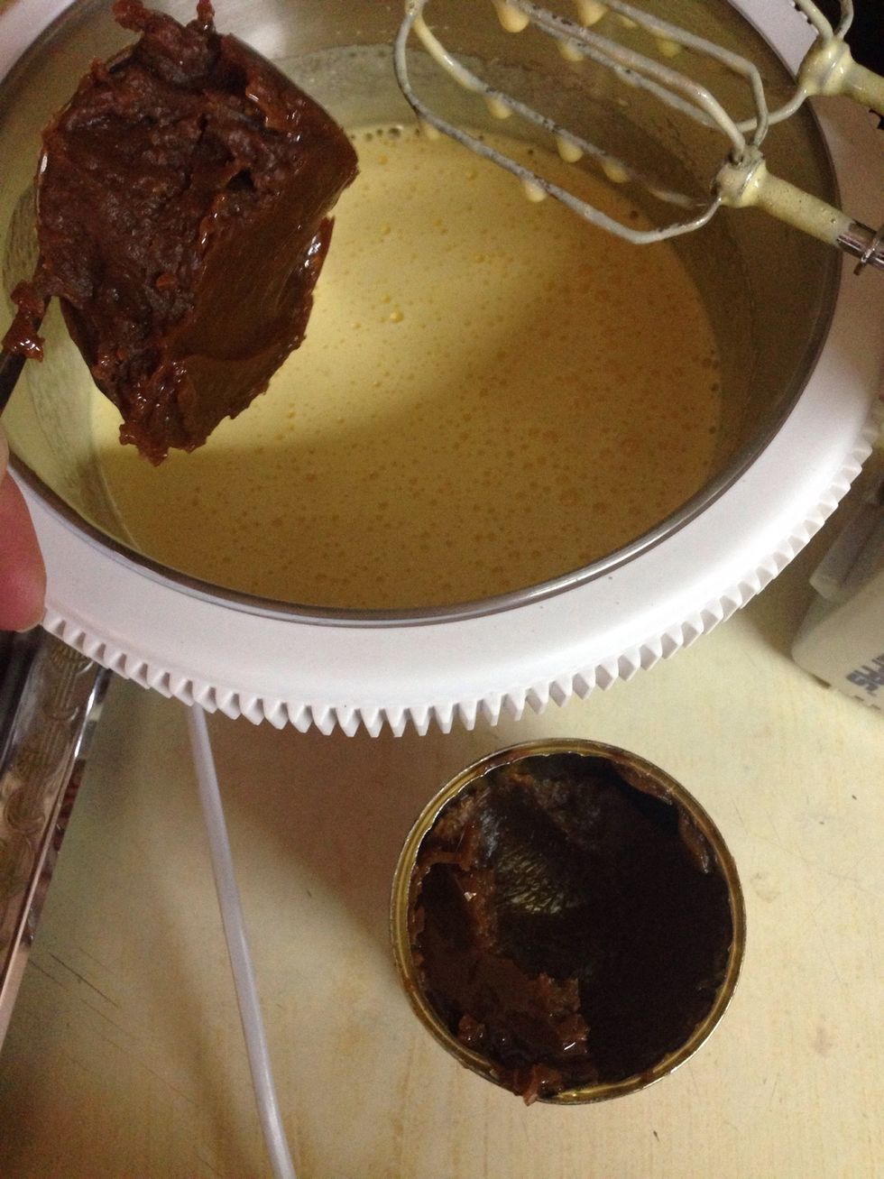 Add the canned caramel and continue mixing