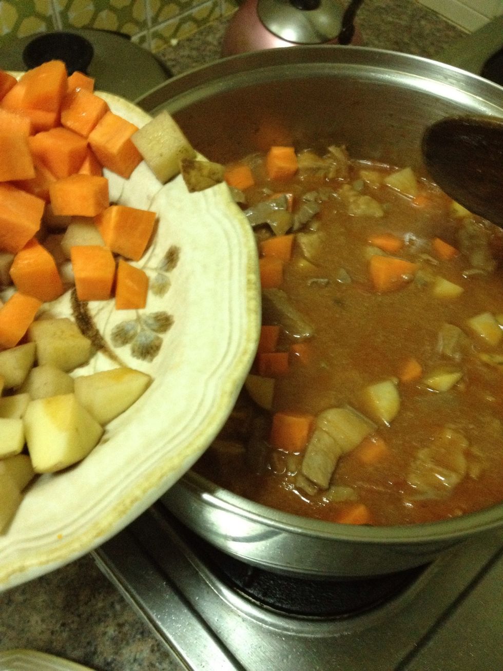 Add the carrots and potatoes and simmer on very slow fire for 20 more minutes