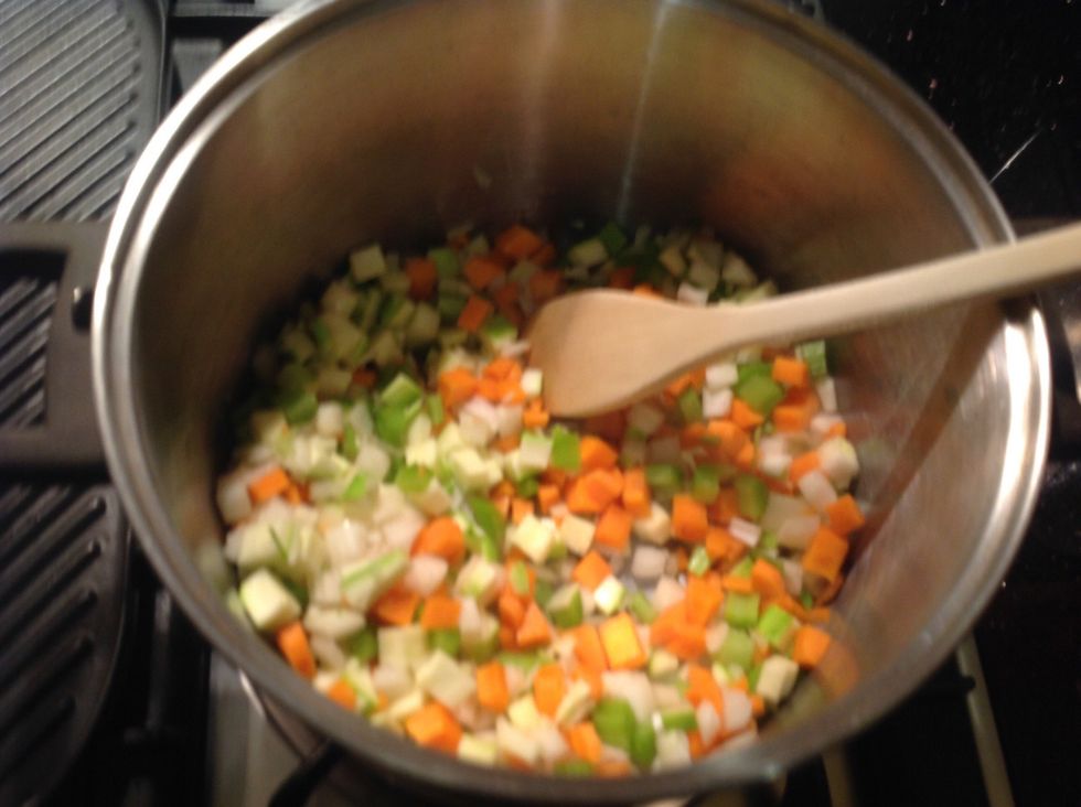 Add the carrots, zucchini, celery and onions into the pot and cook for 10 minutes till soft.