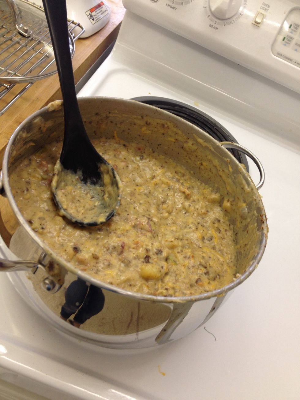 Add the cheese, sour cream, bacon, and pepper. Your soup is done! Enjoy!!!