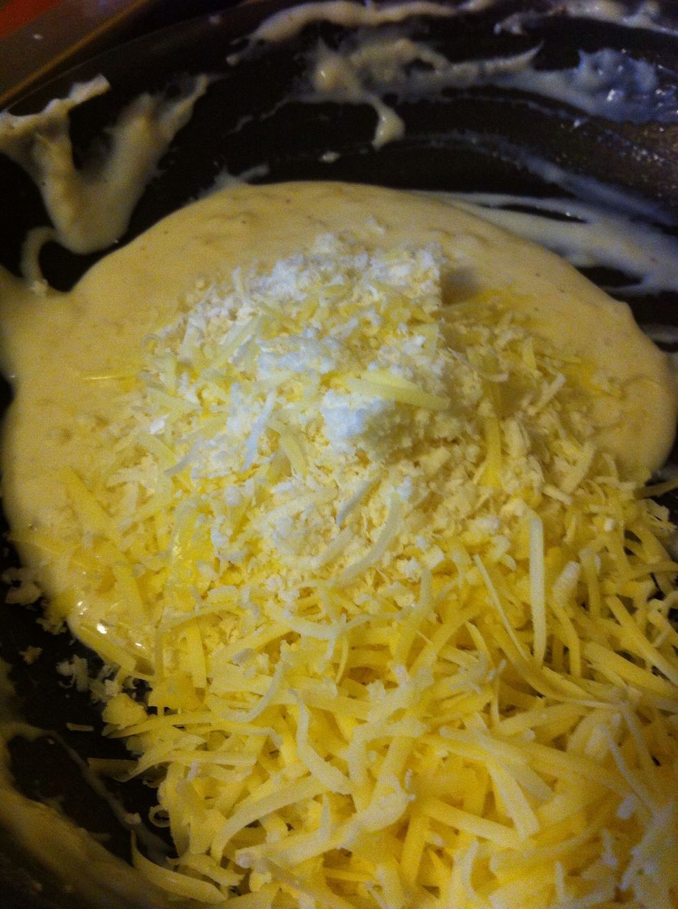add the cheesey stuff to a few scoops of the bechamel. Only add it to a few scoops of the bechamel sauce. The rest can be kept as spare.