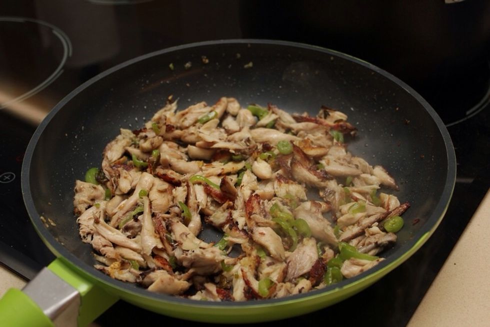 Add the chicken and fry until slightly brown. Then remove everything from the pan.