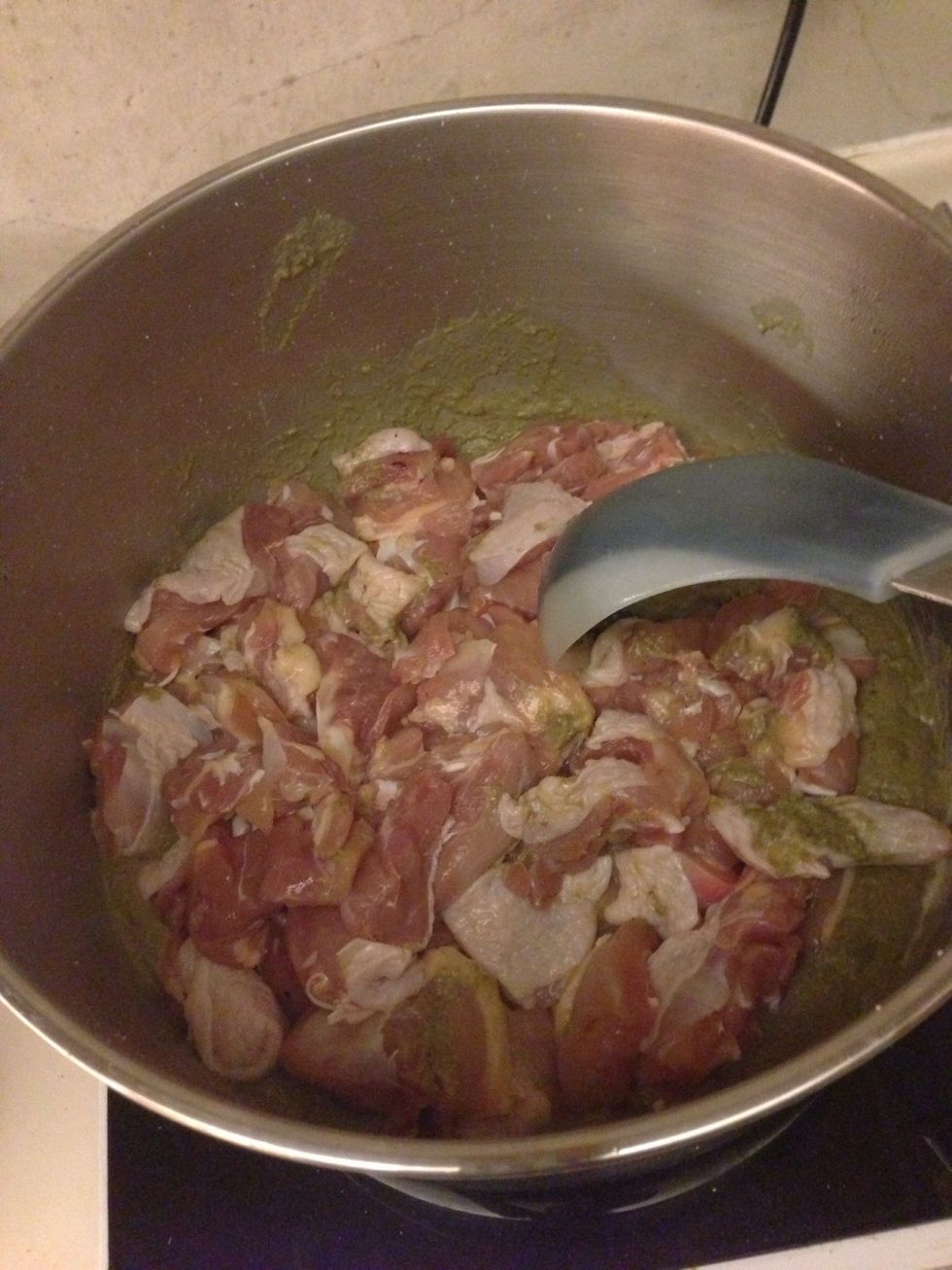 Add the chicken and stir till cook from the outside