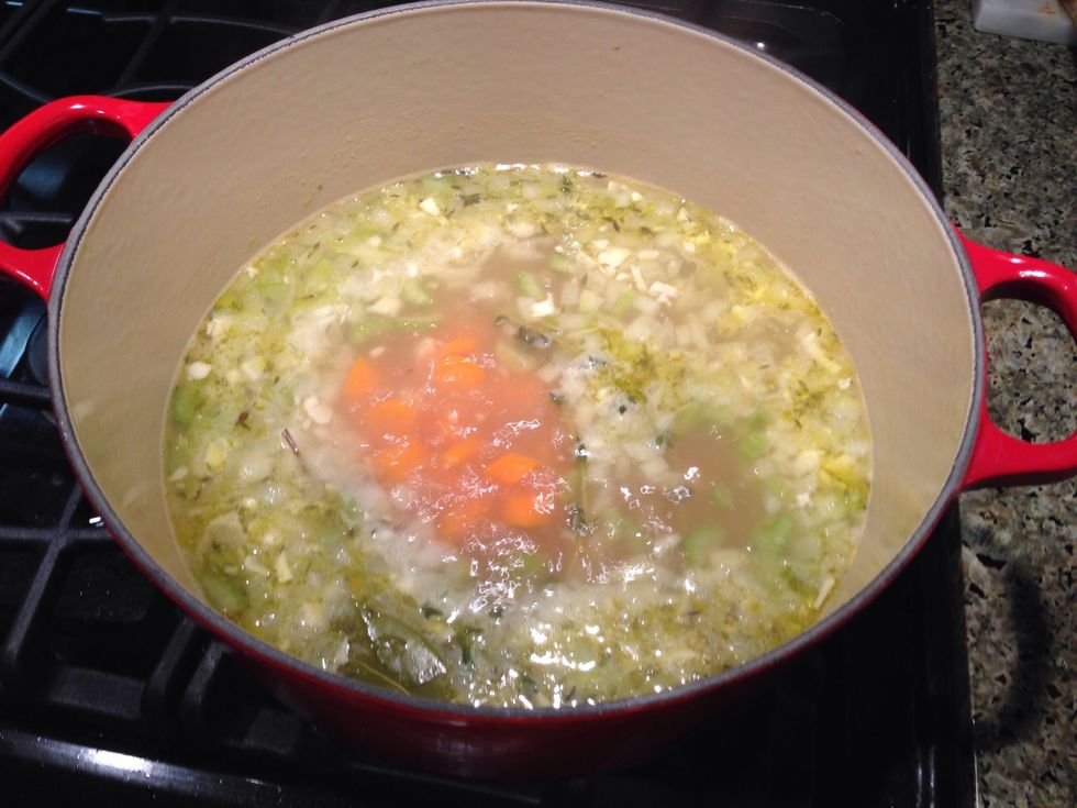 Add the chicken stock, bring to a boil.
