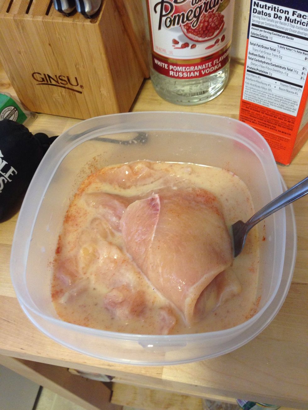 Add the chicken to the egg mixture. Make sure it's stirred before adding the chicken. I filleted the chicken out so it looked more like large strips.