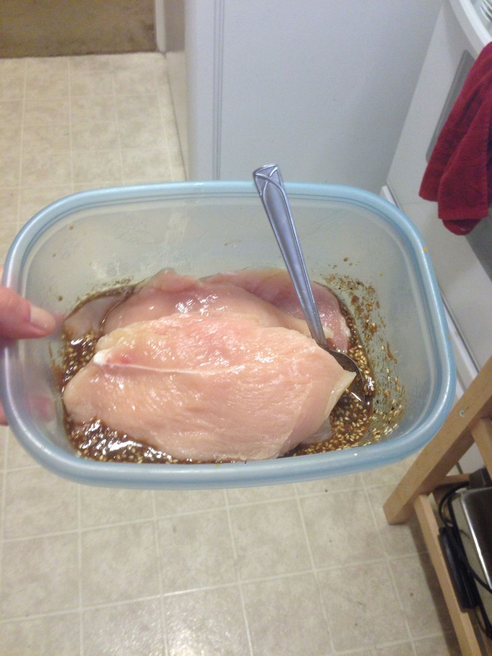 Add the chicken to the mixture and let it marinate for at least 10 mins. It also works nicely if you let it sit over night.