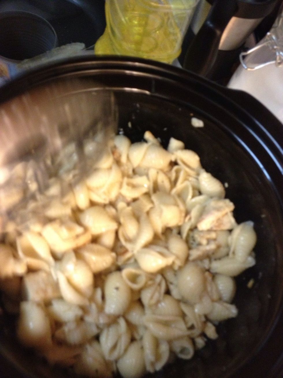 Add the chicken to the noodles with MOST of the broth. Don't want to make the red sauce too watery.