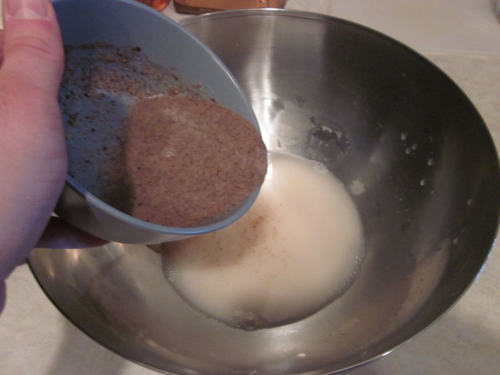 Add the Choco-butter-milk mixture and the freeze dried coffee to the yeast and do some more whisking. I know by now you're a champ at it.