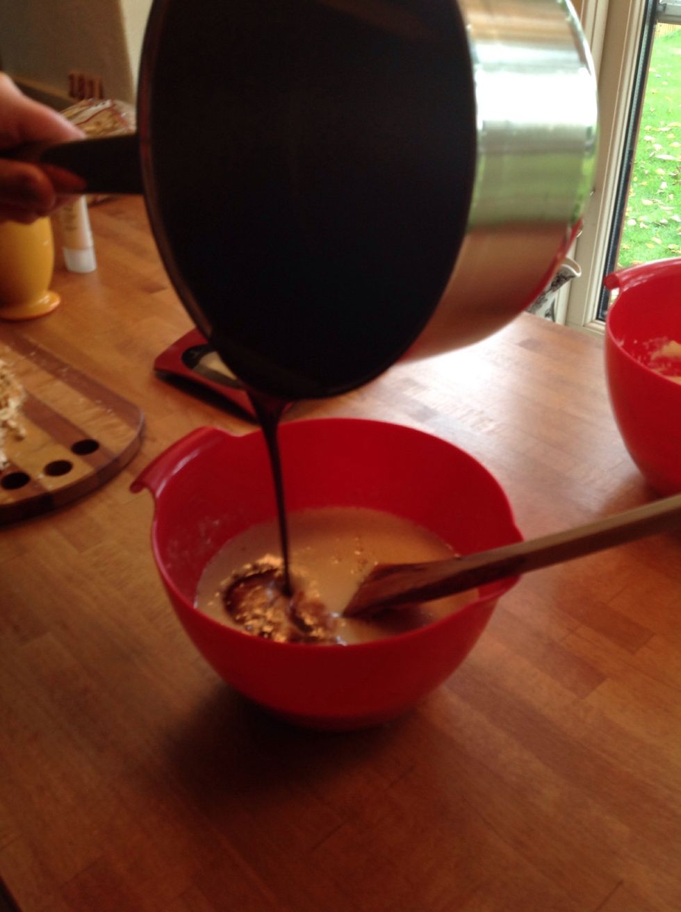 Add the chocolate and butter mix. And stir. Again.