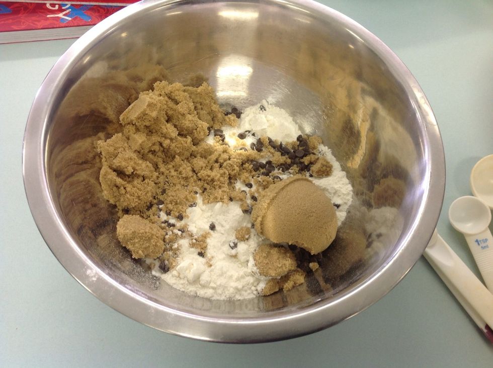 Add the chocolate chips and brown sugar to the mixture. When stirring, use the 'flat' or hard side of your stirring device to crush lumps of brown sugar against the edges of the bowl.