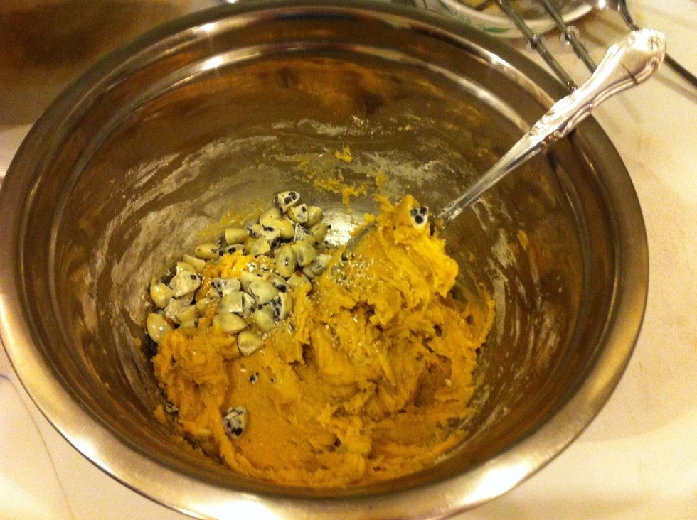 Add the chocolate quarters to the mixture.