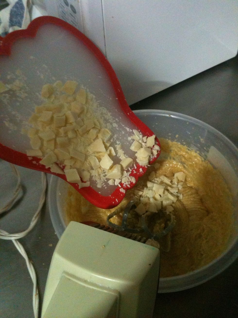 Add the chocolate to the butter and sugar mix.