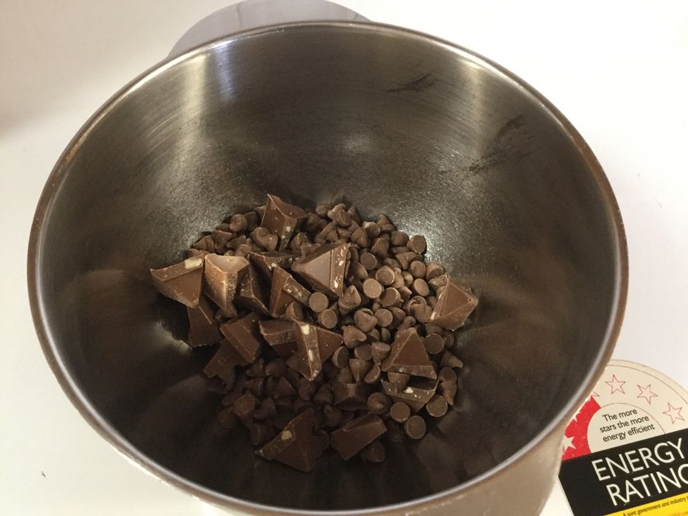 Add the chocolate to your bowl. (We had to supervise with other chocolate because we didn't have enough chocolate chips)