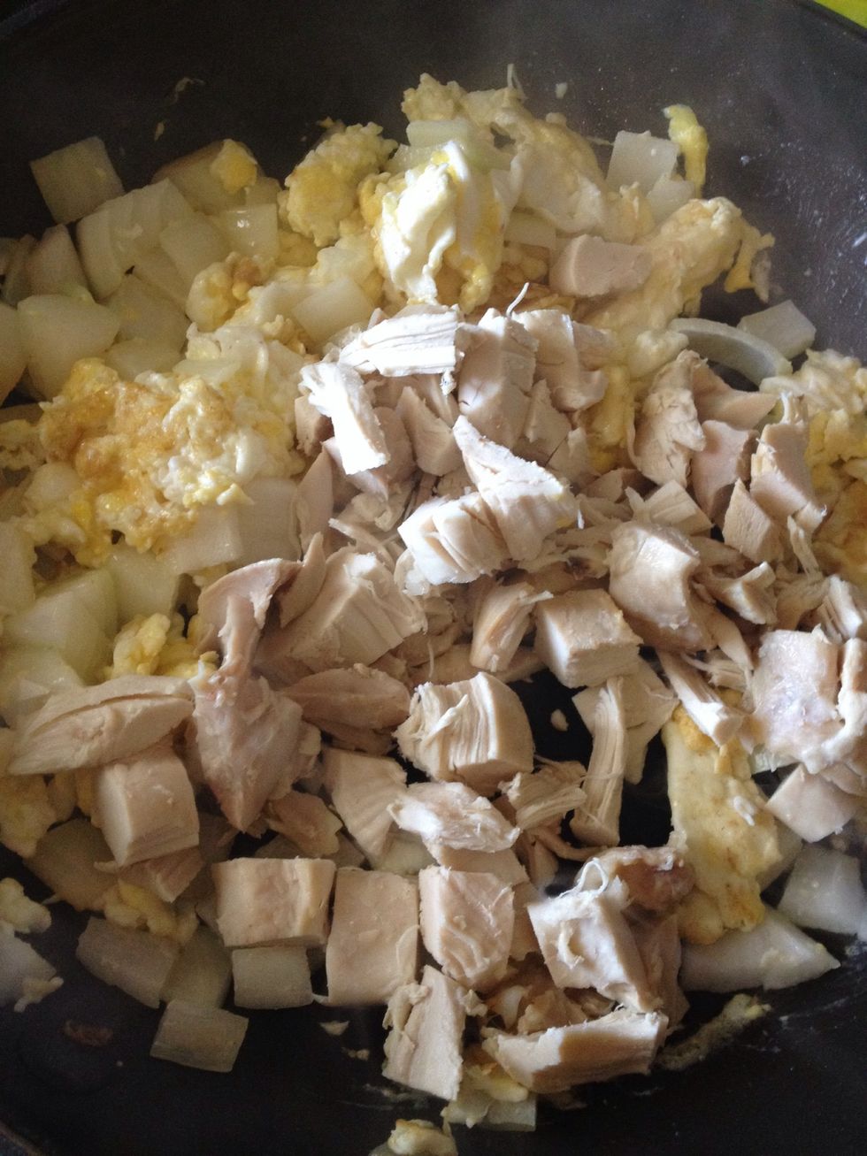 Add the chopped chicken.  I used rotisserie leftover shredded chicken