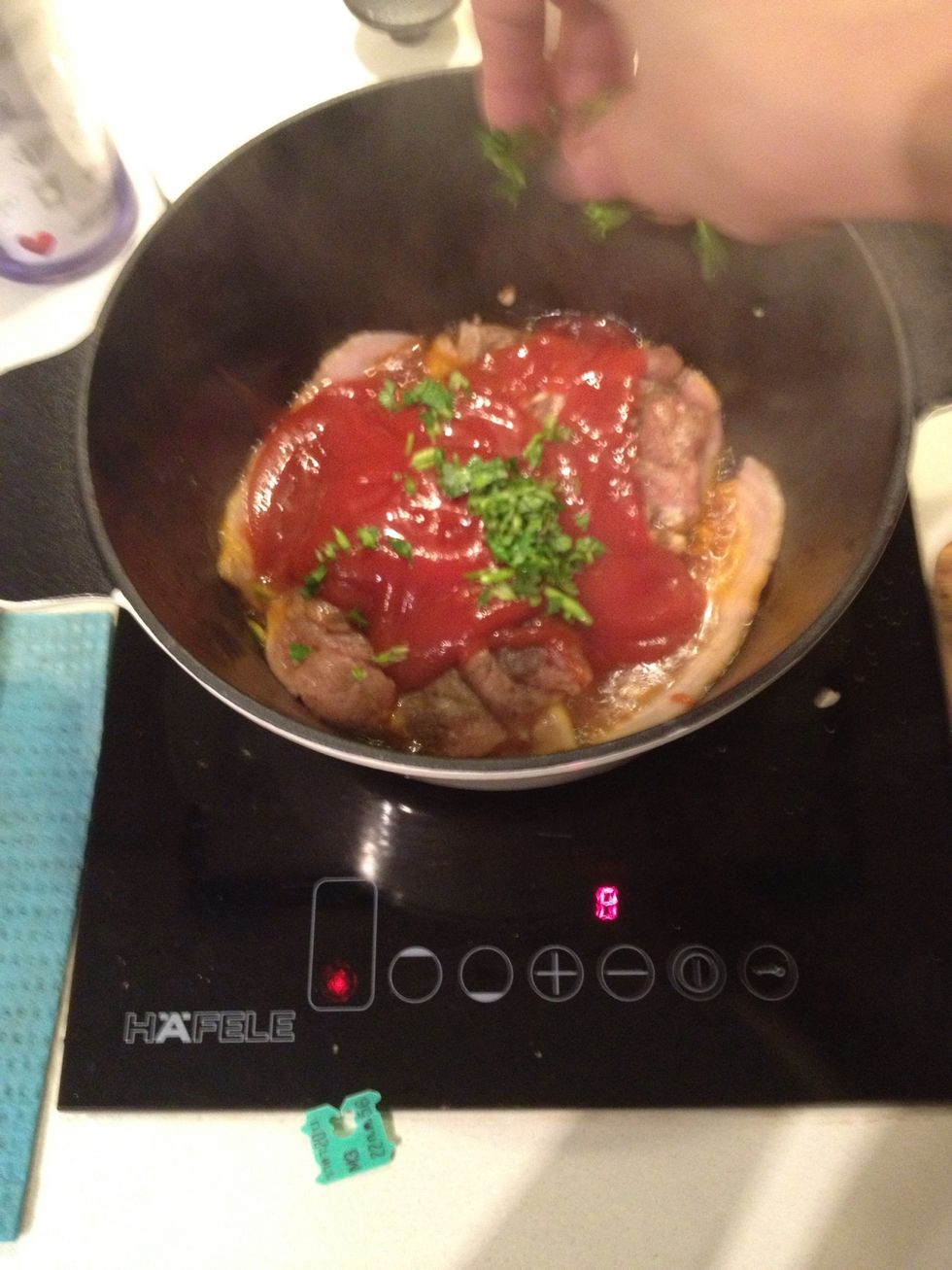 Add the chopped cilantro, if you can't get this use parsley. You can even use basil (but it taste bit more spicy)