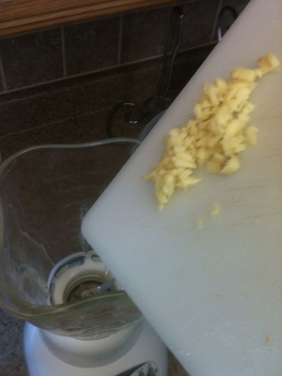 Add the chopped ginger to the blender first. Followed by the celery, apples, radishes. See how small I chopped it.
